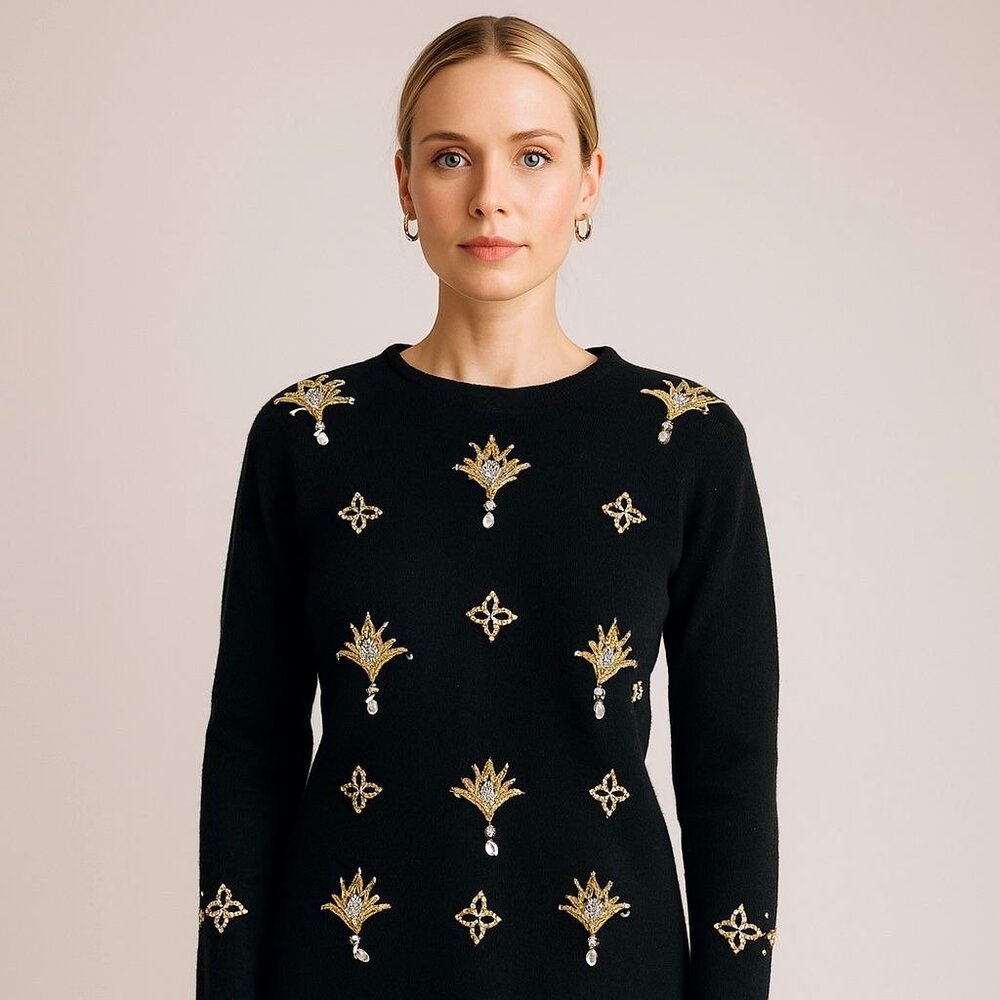 Vintage 1980s Evan Picone Black Gold Beaded Tunic Sweater Angora Blend Glam Knit